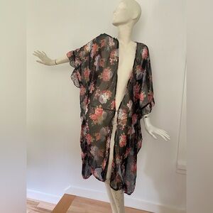 Betsey Johnson Black and Pink Floral Sheer Robe/kimono/top